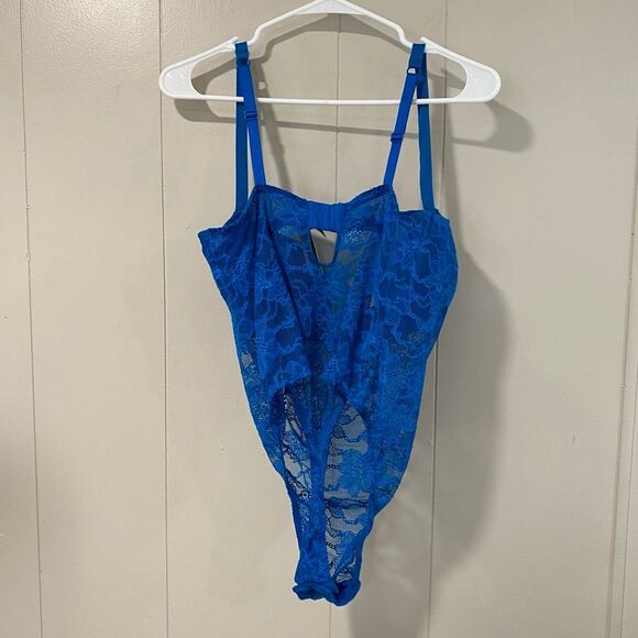 Victoria’s Secret Blue Lace Rhinestone Strap Bodysuit XL Sexy Sheer One Piece Li - Picture 2 of 7